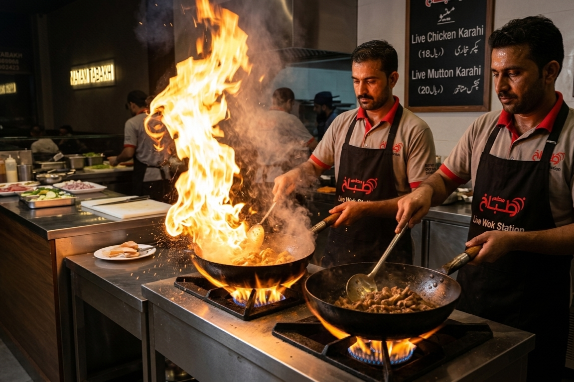 Live Karahi and Wok Station at Matam Tabakh Madinah